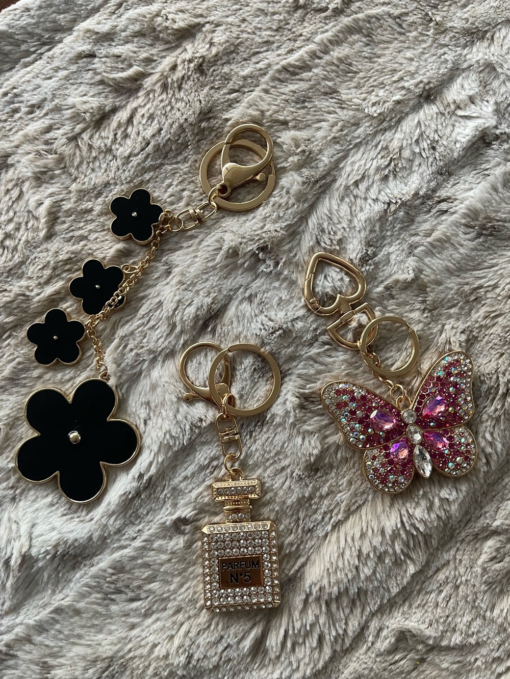 Gold-Tone Black Flower, Pink Butterfly & Crystal Perfume Bottle Keychain Set